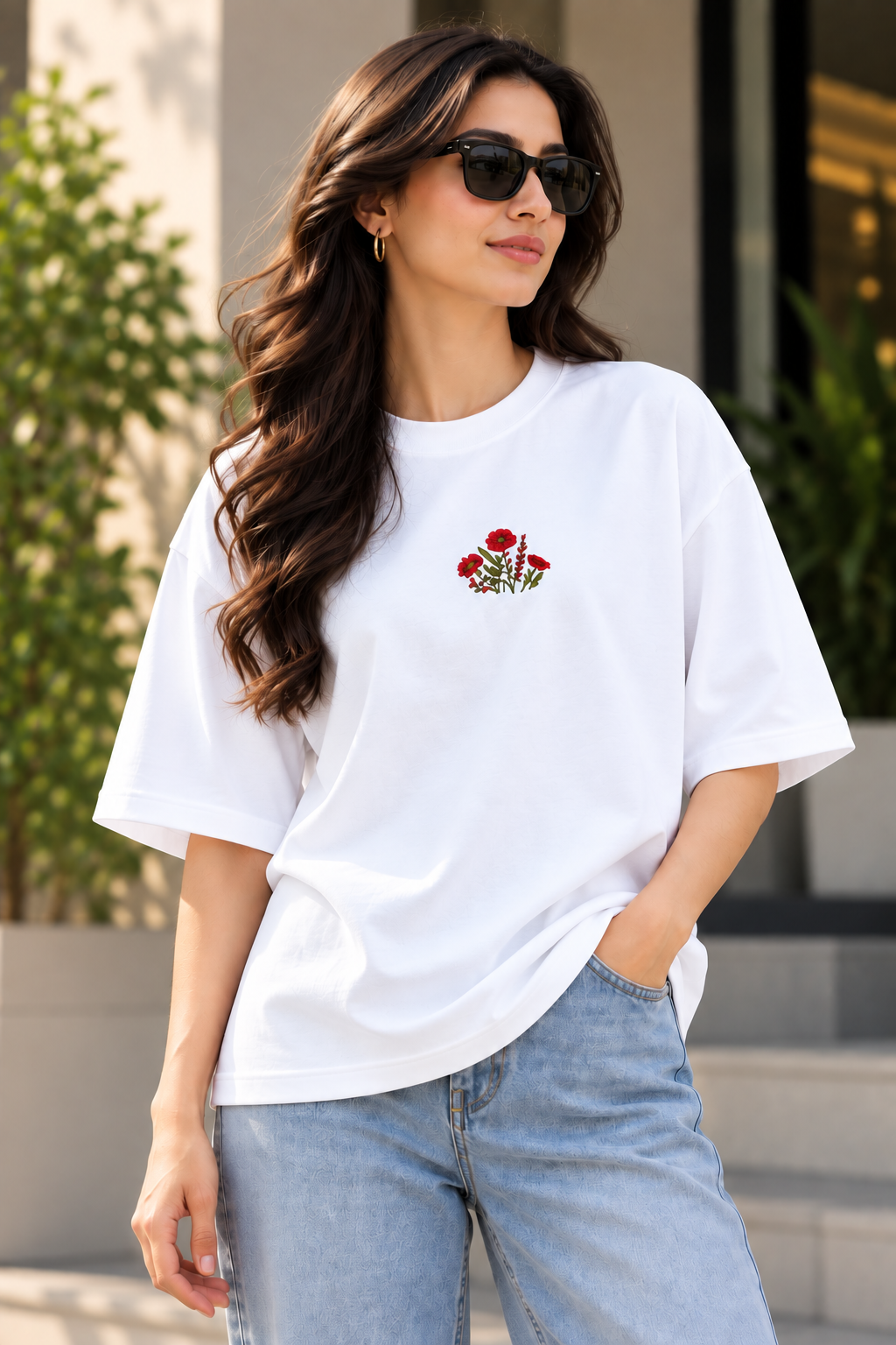 Unisex Terry Oversized T-Shirt with Floral Embroidery