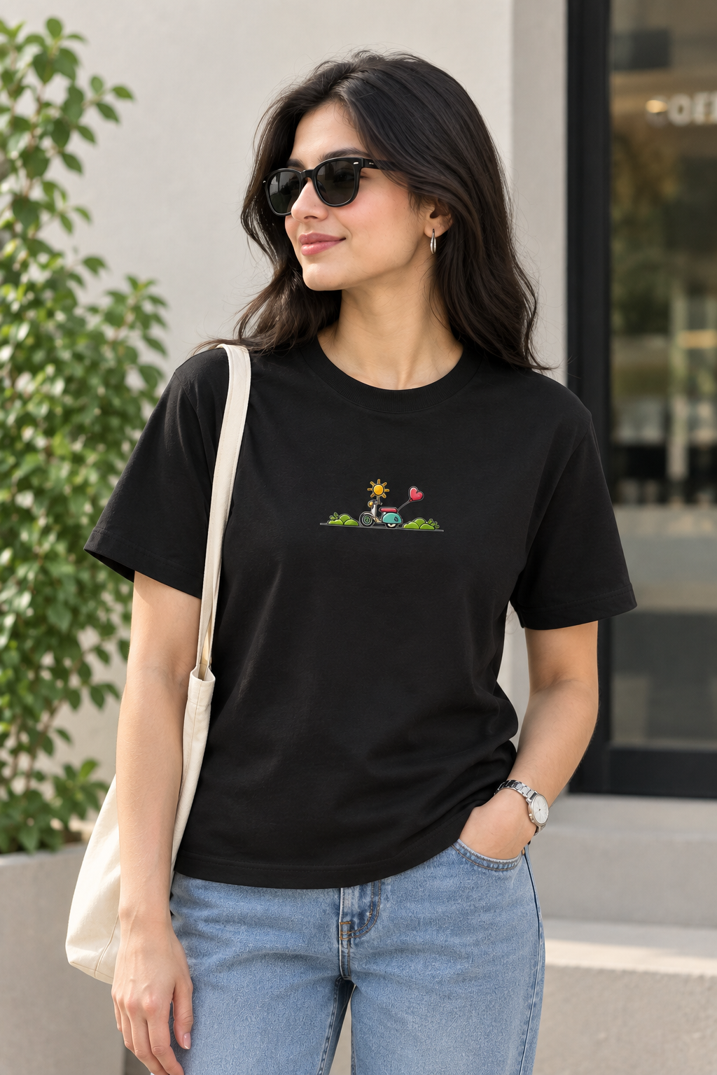 Unisex Basic T-Shirt with Cute Scooter Embroidery