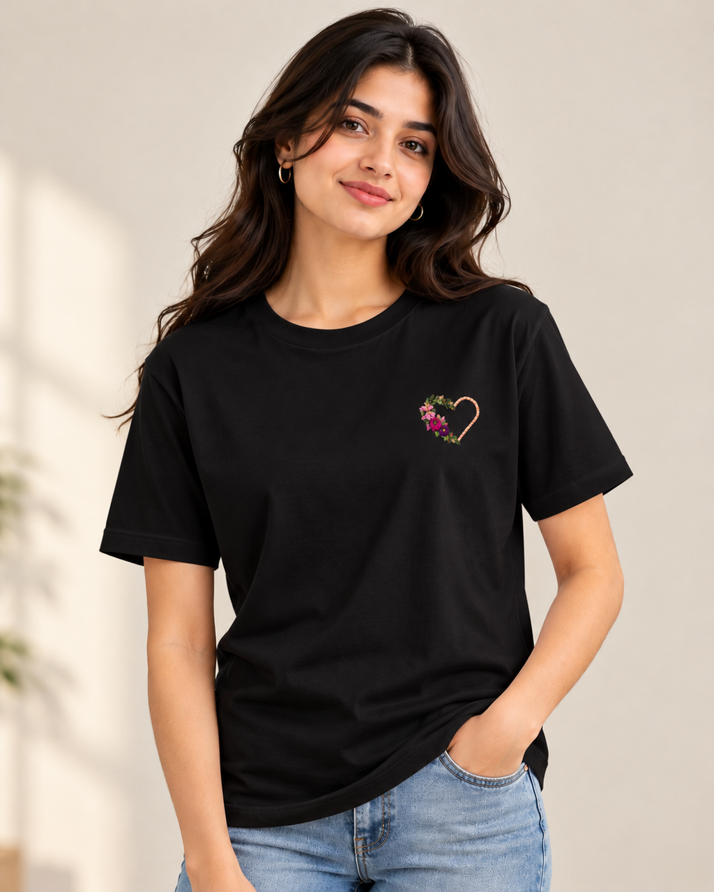 Unisex Supima Cotton Embroidery T-Shirt – Floral Heart