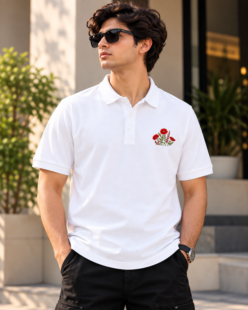 Men's Mustard Polo T-Shirt with Floral Embroidery