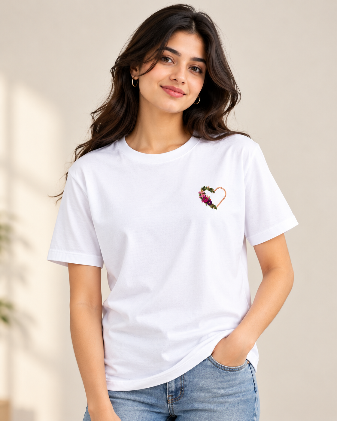 Unisex Supima Cotton Embroidery T-Shirt – Floral Heart