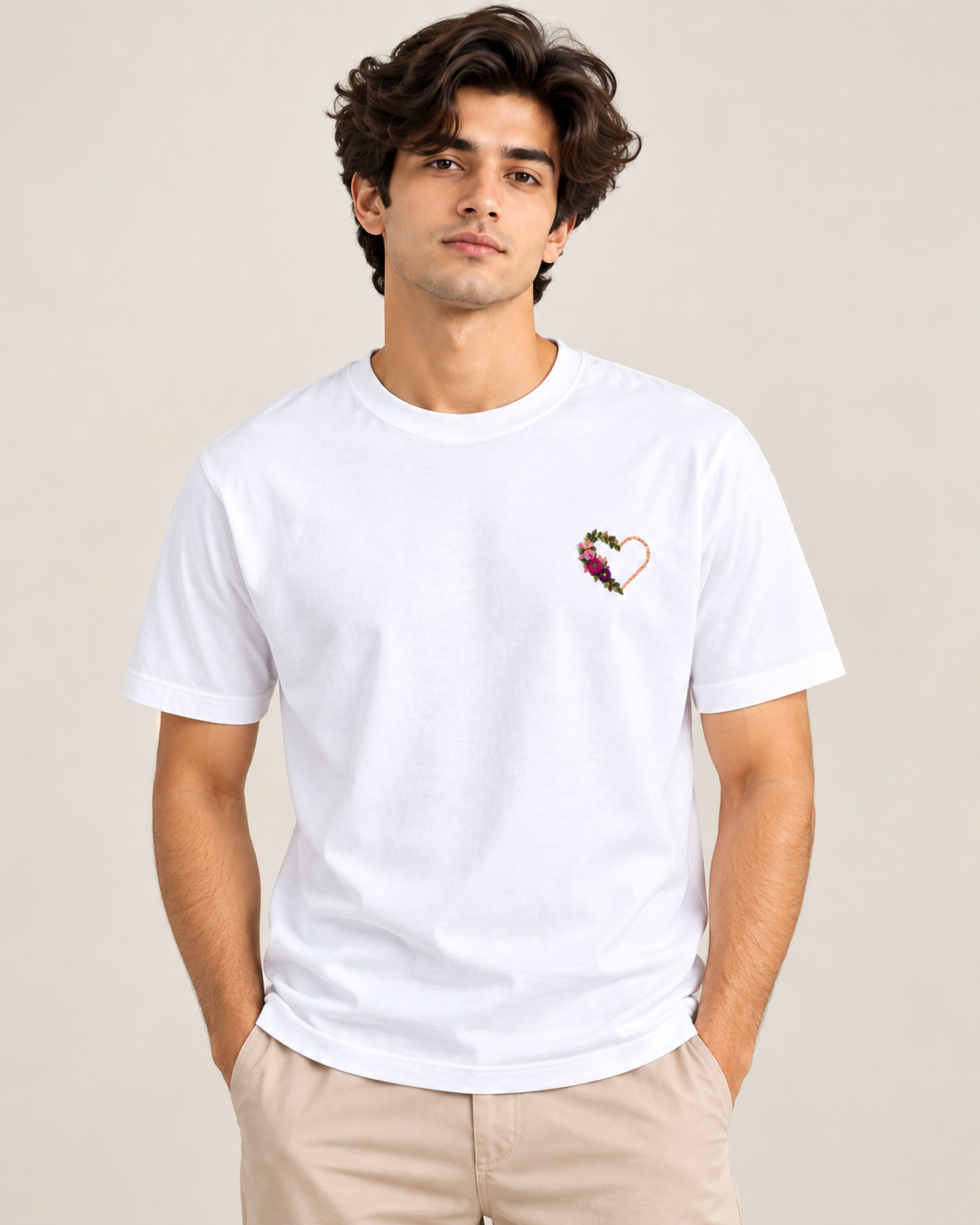 Unisex Supima Cotton Embroidery T-Shirt – Floral Heart