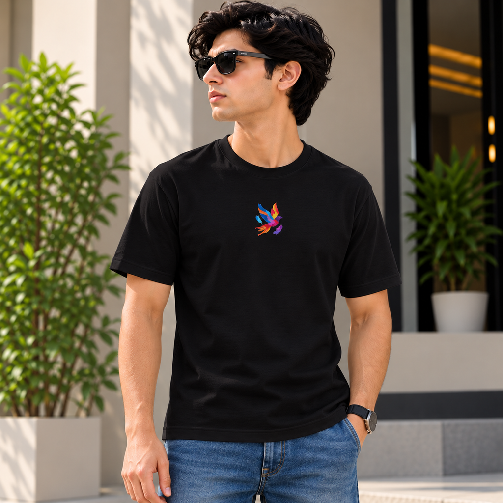 Unisex Crew Neck T-Shirt with Colorful Bird Embroidery