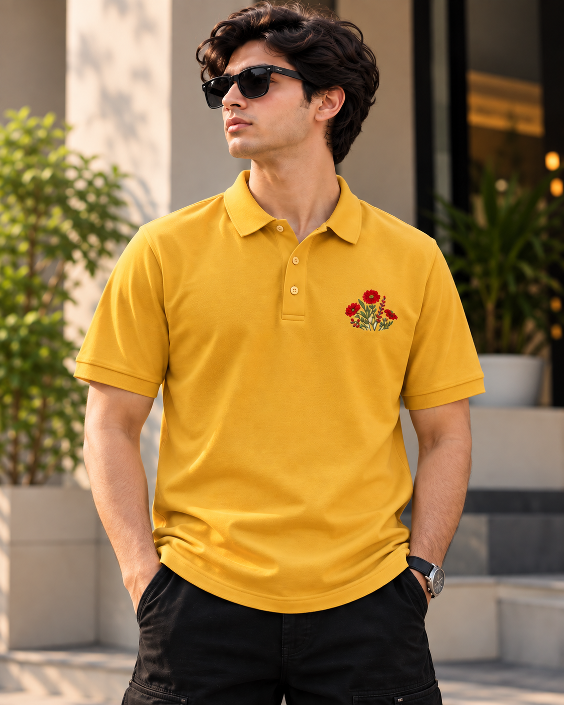 Men's Mustard Polo T-Shirt with Floral Embroidery