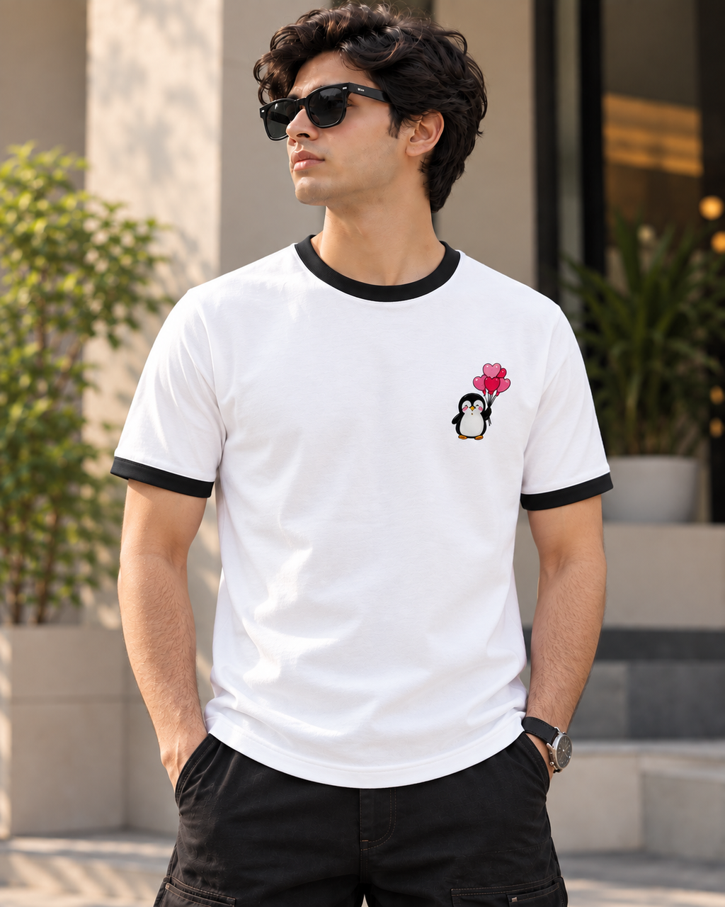 Unisex Ringer T-Shirt with Penguin Balloon Embroidery – White & Black