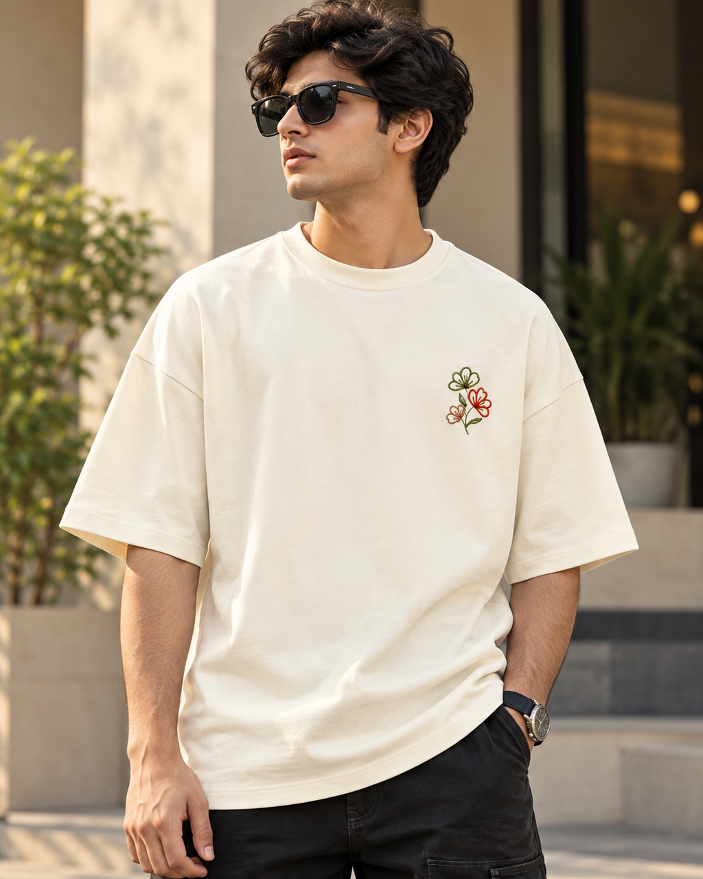 Unisex Terry Oversized T-Shirt with Floral Embroidery – Cream