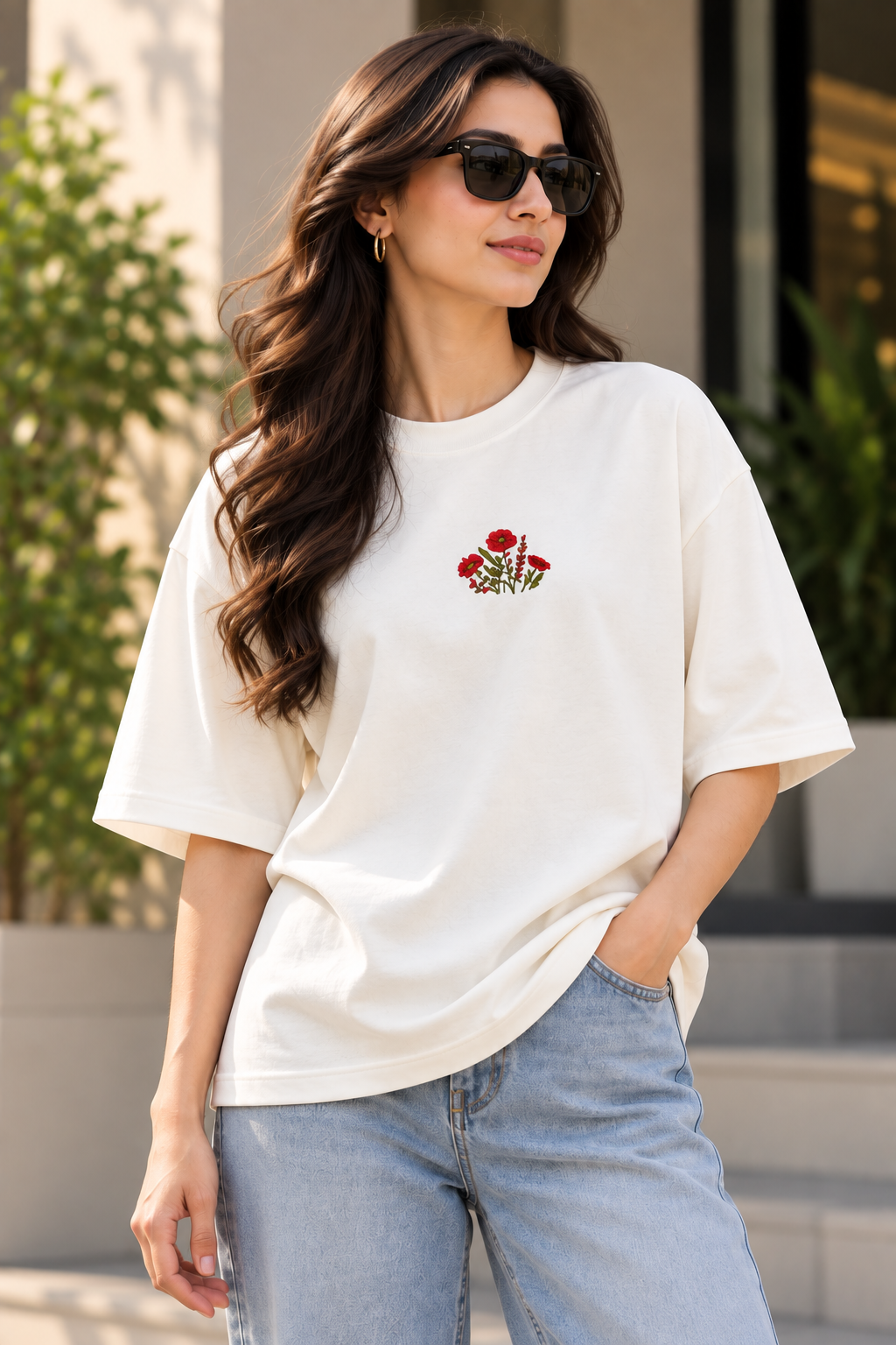Unisex Terry Oversized T-Shirt with Floral Embroidery