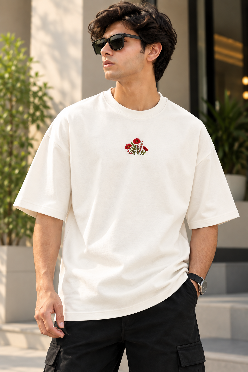 Unisex Terry Oversized T-Shirt with Floral Embroidery