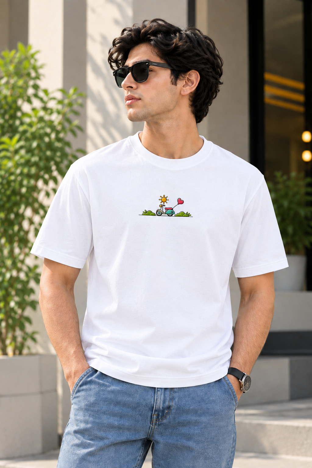 Unisex Basic T-Shirt with Cute Scooter Embroidery