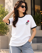 Unisex Ringer T-Shirt with Penguin Balloon Embroidery – White & Black