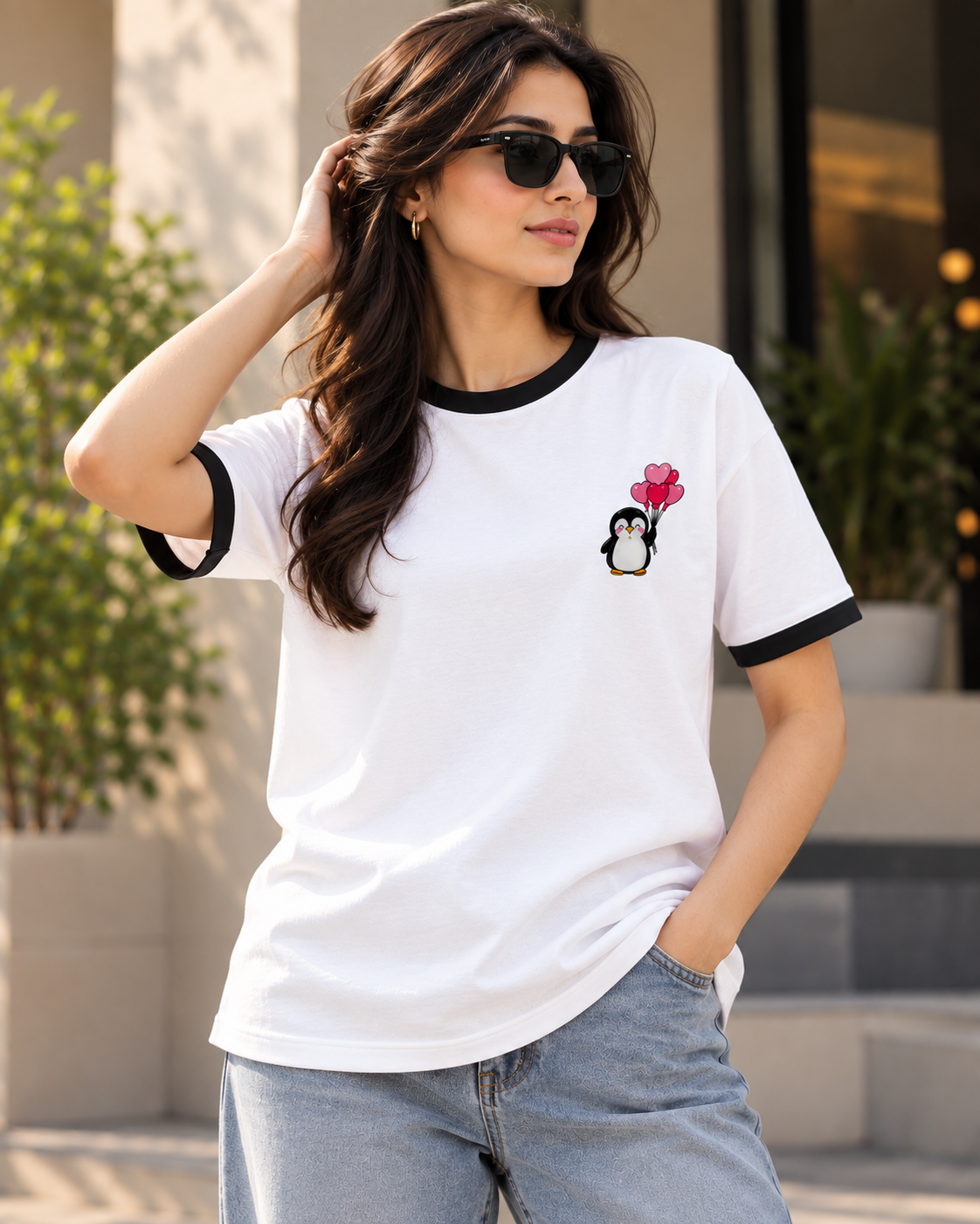 Unisex Ringer T-Shirt with Penguin Balloon Embroidery – White & Black